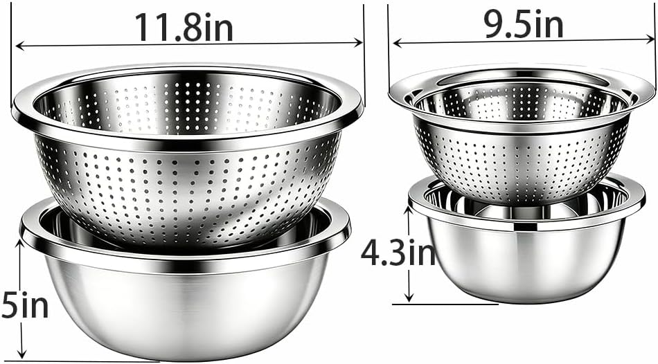 4-Piece Stainless Steel Mixing Bowls and Microporous Colanders Set, 3QT & 5QT Nesting Bowls with Fine Drain Strainers for Washing Rice, Fruits, Vegetables, Pasta, and More