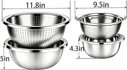 4-Piece Stainless Steel Mixing Bowls and Microporous Colanders Set, 3QT & 5QT Nesting Bowls with Fine Drain Strainers for Washing Rice, Fruits, Vegetables, Pasta, and More