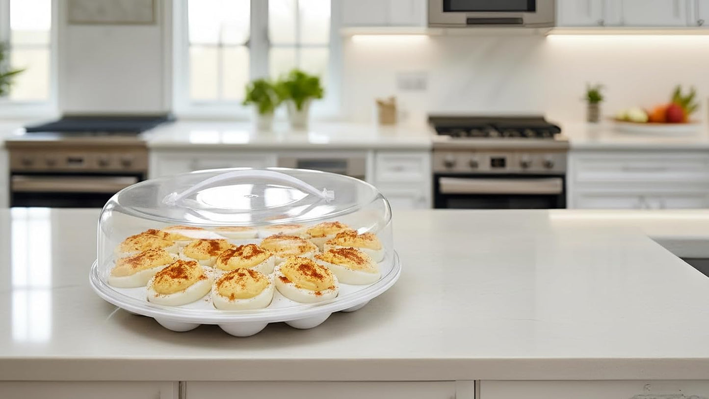 (2) Deviled Egg Carrier with Clear Dome Lid and Handle – Holds 12 Eggs – Reusable Plastic Egg Tray for Transporting, Serving and Storing Easter and Party Appetizers