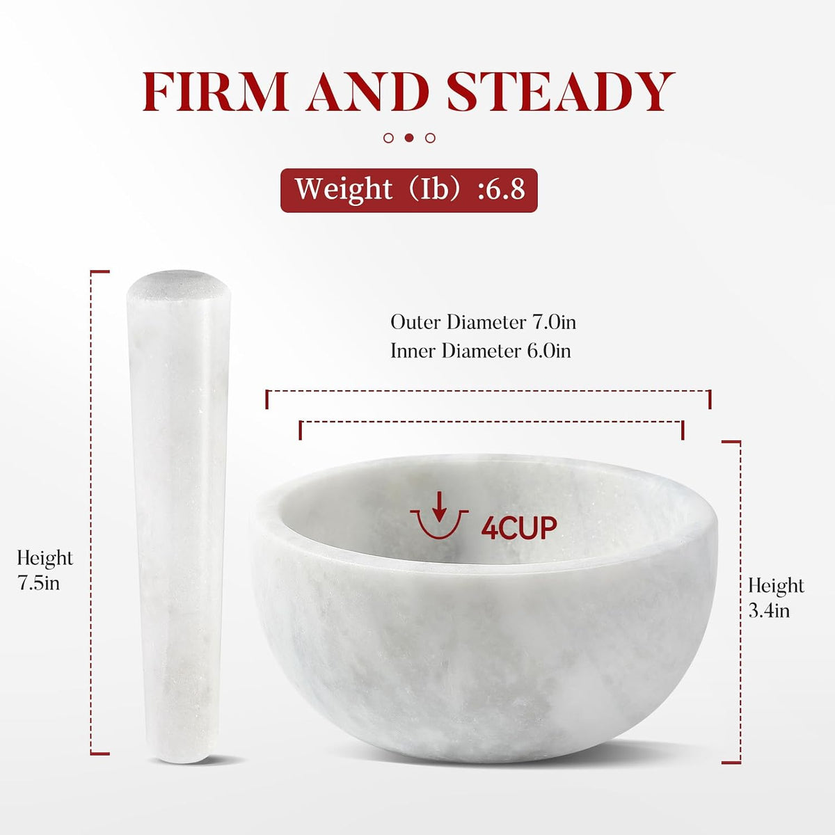Koville Luxury Marble Mortar and Pestle Set, 7"-4cups Grinder Bowl for Guacamole, Salsa, Pill Crusher, Spice, Herb, Garlic, Nut, Heavy Duty Grinder for Kitchen