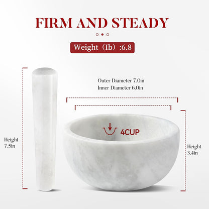 Koville Luxury Marble Mortar and Pestle Set, 7"-4cups Grinder Bowl for Guacamole, Salsa, Pill Crusher, Spice, Herb, Garlic, Nut, Heavy Duty Grinder for Kitchen