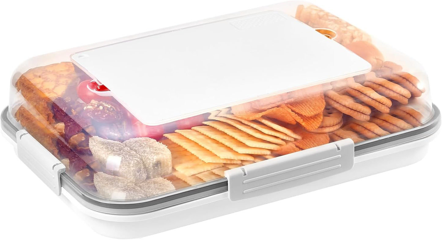 Food Storage Container with Cutting Board Lid, Snack Tray with Ice Pack Compartment & Removable Divider (Cream)