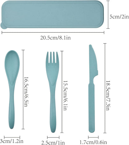 2 Sets Reusable Utensil Set with Case, Portable Camping Fork Knife Spoon Set, Wheat Straw Travel Utensils for Lunch Box, for School Work Lunch or Daily Use (Green, Blue)