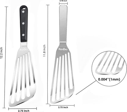 KSENDALO 2 Pack Flexible Fish Spatula Stainless Steel for Kitchen | Egg Turner Flipper, Thin Edged Slotted Angled Blade, 1 Hollow Steel Handle & 1 POM Plastic Handle