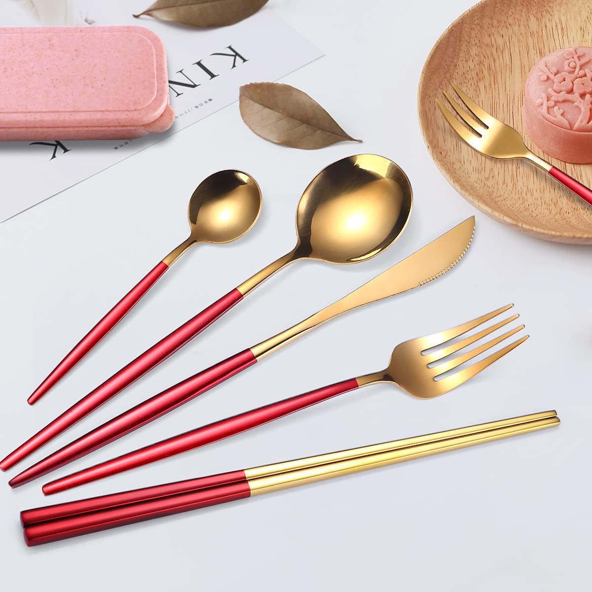 AARAINBOW 8 Pieces Stainless Steel Flatware Set Portable Reusable Cutlery Set Travel Utensils Set Including Chopsticks Knife Fork Spoon Straws Cleaning Brush Dishwasher Safe (Pink Golden)