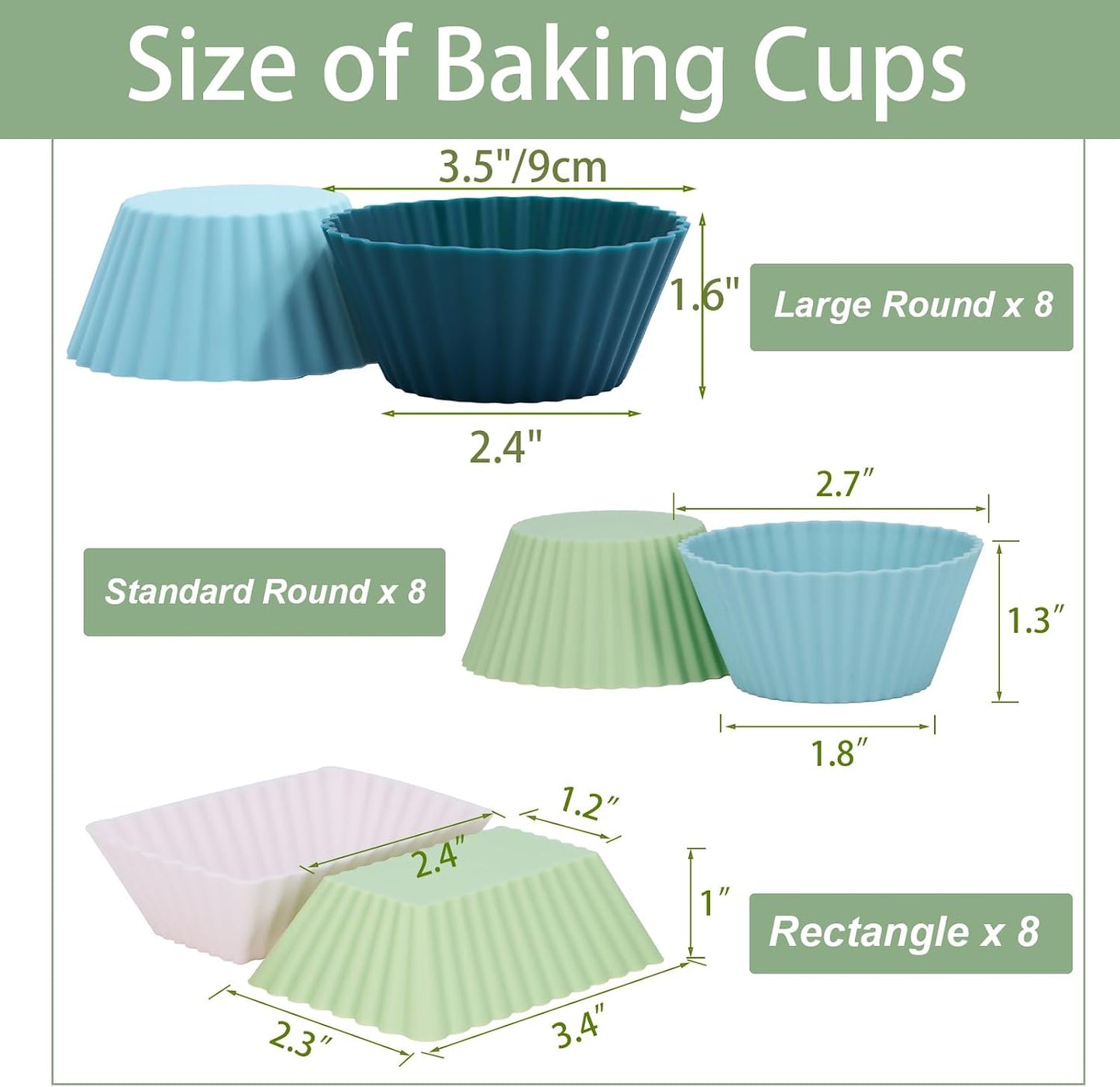 24Pack Silicone Muffin Cups, Reusable Cupcake Liners Molds for Baking, 3 Shapes Lunch Box Bento Dividers-Round, Square, and Rectangular (Orange Series, Regular Size)