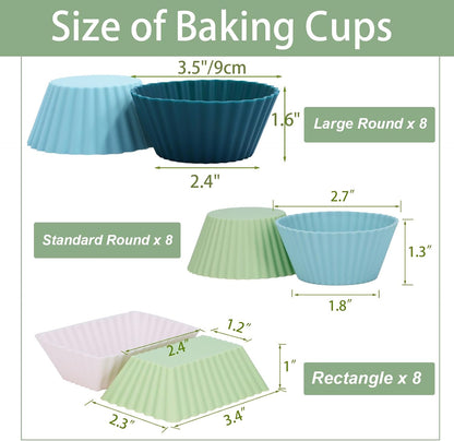 24Pack Silicone Muffin Cups, Reusable Cupcake Liners Molds for Baking, 3 Shapes Lunch Box Bento Dividers-Round, Square, and Rectangular (Orange Series, Regular Size)