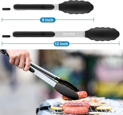 Kitchen Tongs, Stainless Steel Cooking Tongs with Silicone Tips, 600ºF High Heat-Resistant Non Scratch Locking Tongs for Cooking BBQ Grilling Air Fryer Pans, Set of 3 (7" 9" and 12") Black
