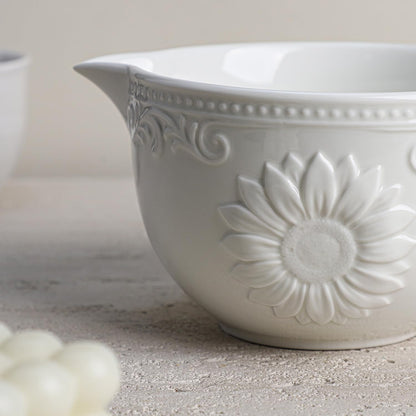 Gaolinci Sunflower Embossed Ceramic Mixing Bowl, 1 Quart Batter Bowl, with Pouring Spout and Handle