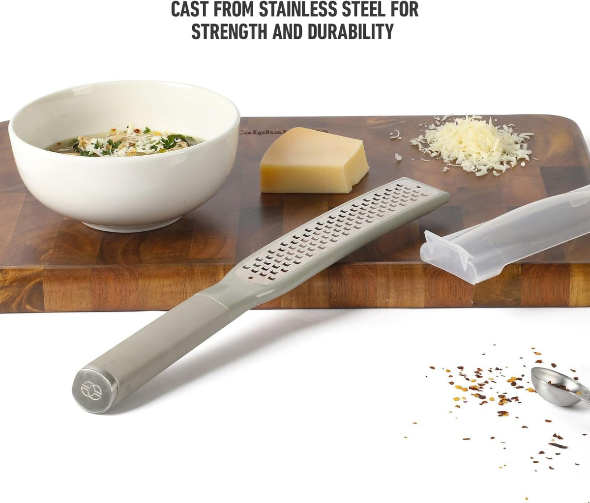 Calphalon Edge Lemon Zester, Stainless Steel Fine Citrus Grater for Lemon, Garlic & Ginger, Handheld Kitchen Zester with Protective Cover & Ergonomic Handle, Taupe