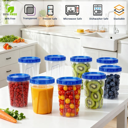 10 Pack 34oz Reusable Freezer Food Storage Containers with Twist Top Lids, Airtight Plastic Meal Prep Food Containers for Leftover Lunch Fruit Salad Oats, Clear Large Soup Container Microwave Safe
