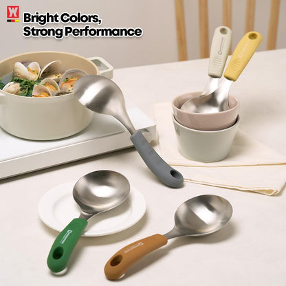 Short Stainless Steel Ladle 220mm (8.6”) – SUS304 Thick Deep Bowl Head with Soft-Grip Silicone Handle – Lightweight Mini Soup & Serving Spoon for Cooking – 5 Color Options (Gray)