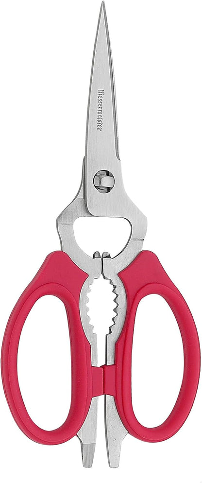 Messermeister 8-Inch Take-Apart Kitchen Scissors, Red - Includes Screwdriver, Nut Cracker, Jar Lid Opener/Gripper, Bottle Opener & Bone + Twig Cutter - Suitable for Lefties & Righties