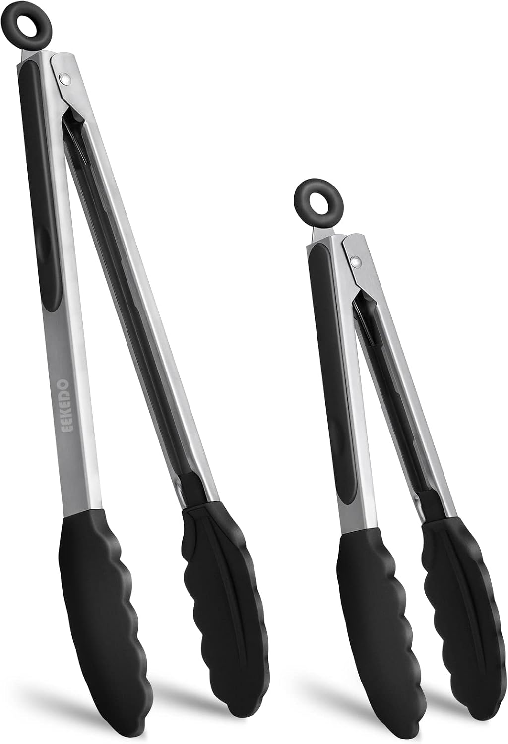 Kitchen Tongs, Stainless Steel Cooking Tongs with Silicone Tips, 600ºF High Heat-Resistant Non Scratch Locking Tongs for Cooking BBQ Grilling Air Fryer Pans, Set of 3 (7" 9" and 12") Black