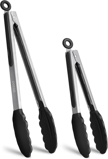 Kitchen Tongs, Stainless Steel Cooking Tongs with Silicone Tips, 600ºF High Heat-Resistant Non Scratch Locking Tongs for Cooking BBQ Grilling Air Fryer Pans, Set of 3 (7" 9" and 12") Black