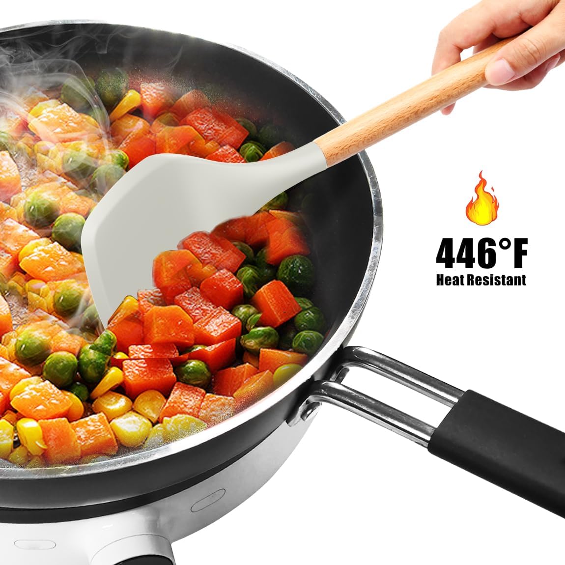 oannao Silicone Cooking Utensils Set - 446°F Heat Resistant Silicone Kitchen Utensils for Cooking,Kitchen Utensil Spatula Set w Wooden Handles, BPA FREE Gadgets for Non-Stick Cookware (Khaki)