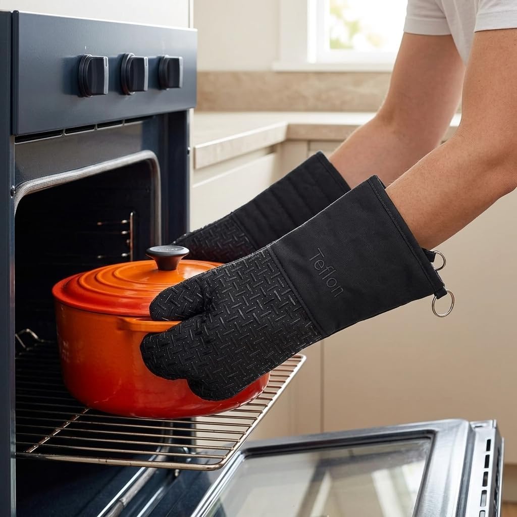 Xlnt Extra Long Oven Mitts (Black) | Teflon EcoElite Water Repellent | Heat Resistant for Oven Cooking, Grill & BBQ | Non Slip Gloves with Teflon EcoElite Finish, Cotton Lining & Hanging Loop