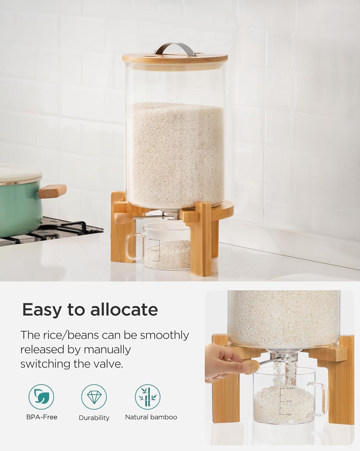HBlife 5-7 Lbs Glass Rice Dispenser with Wooden Stand Flour and Cereal Container with Glass Measuring Cup Pantry Food Organization Storage Bin with Airtight Bamboo Lid, 3L