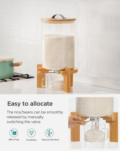 HBlife 5-7 Lbs Glass Rice Dispenser with Wooden Stand Flour and Cereal Container with Glass Measuring Cup Pantry Food Organization Storage Bin with Airtight Bamboo Lid, 3L