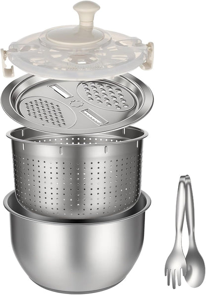 Stainless Steel Salad Spinner Set with Grater and Food Clip, 6L Large Metal Salad Spinner, Fruit Vegetable Dryer with Built-in Drain Spout for Dehydrating Fruit and Vegetable, Pasta (Silver)