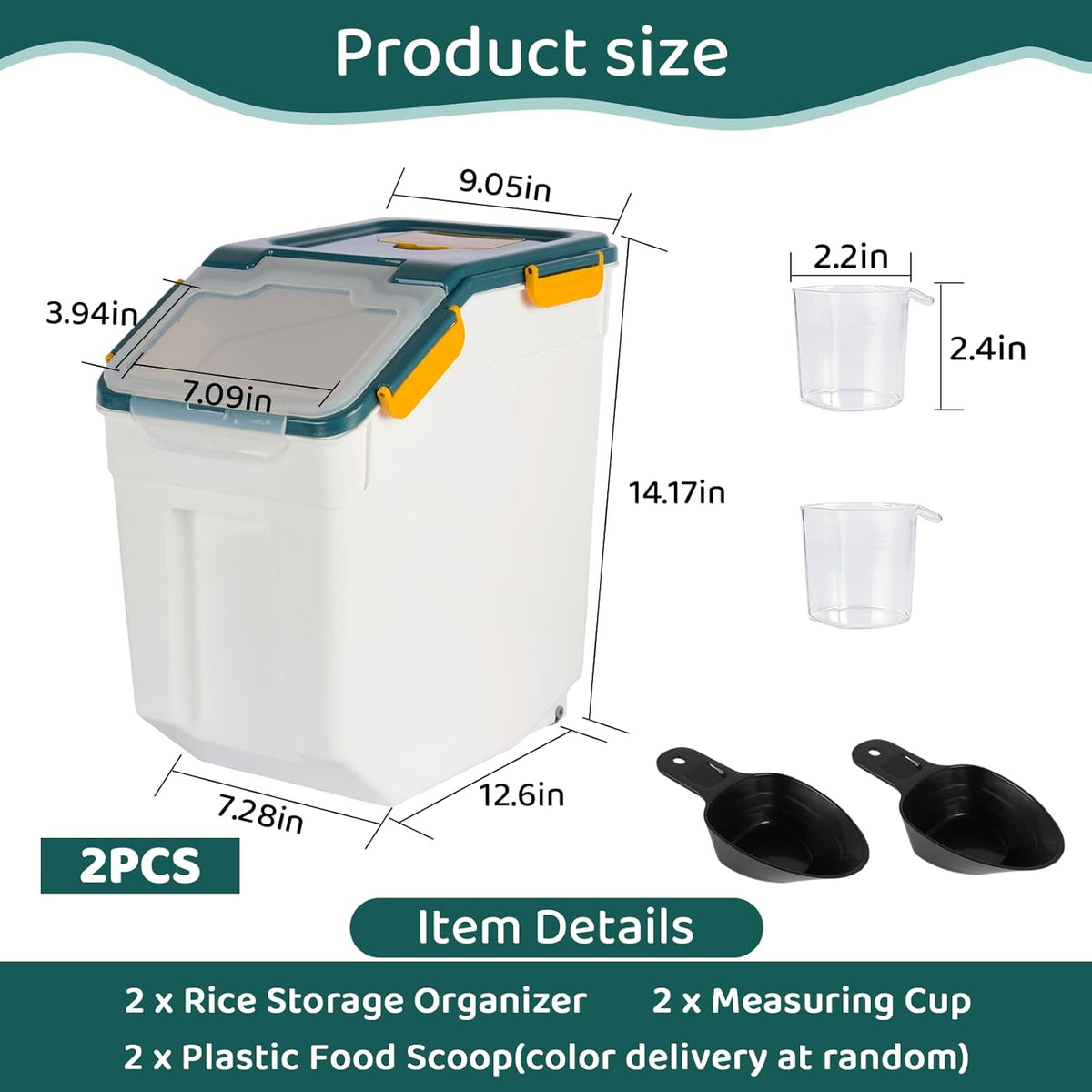 Rice Storage Container 25 lbs, Grey, 2 Pack | Airtight, with Wheels, Locking Lid, Measuring Cup Included, for Flour Sugar Grain Cereal