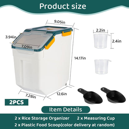 Rice Storage Container 25 lbs, Grey, 2 Pack | Airtight, with Wheels, Locking Lid, Measuring Cup Included, for Flour Sugar Grain Cereal