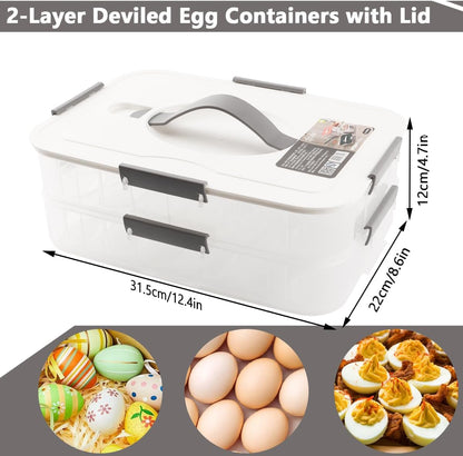 2 Layer Deviled Egg Containers with Lid, 36 Slots Deviled Egg Tray Carrier with Handle and Injector Piping Tool, Fridge Stackable Portable Clear Storage Egg Platter for Party Picnic Travel (Green)