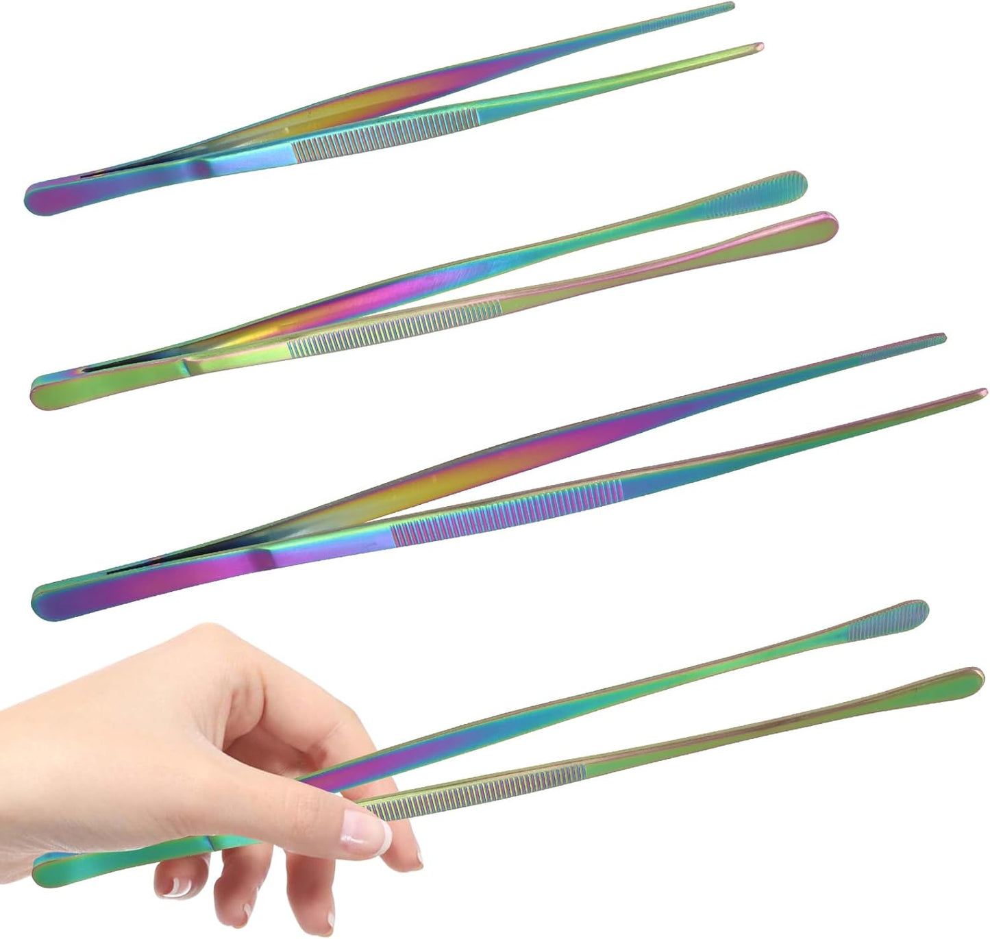 12 Inch & 10 Inch Fine Long Tweezers Tongs Stainless Steel, Rainbow Professional Kitchen Tweezers Tongs for Cooking, BBQ, Plating, Repairing (Pack of 4)