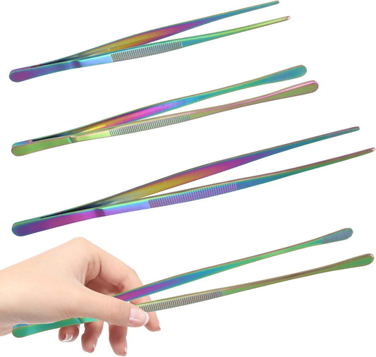 12 Inch & 10 Inch Fine Long Tweezers Tongs Stainless Steel, Rainbow Professional Kitchen Tweezers Tongs for Cooking, BBQ, Plating, Repairing (Pack of 4)