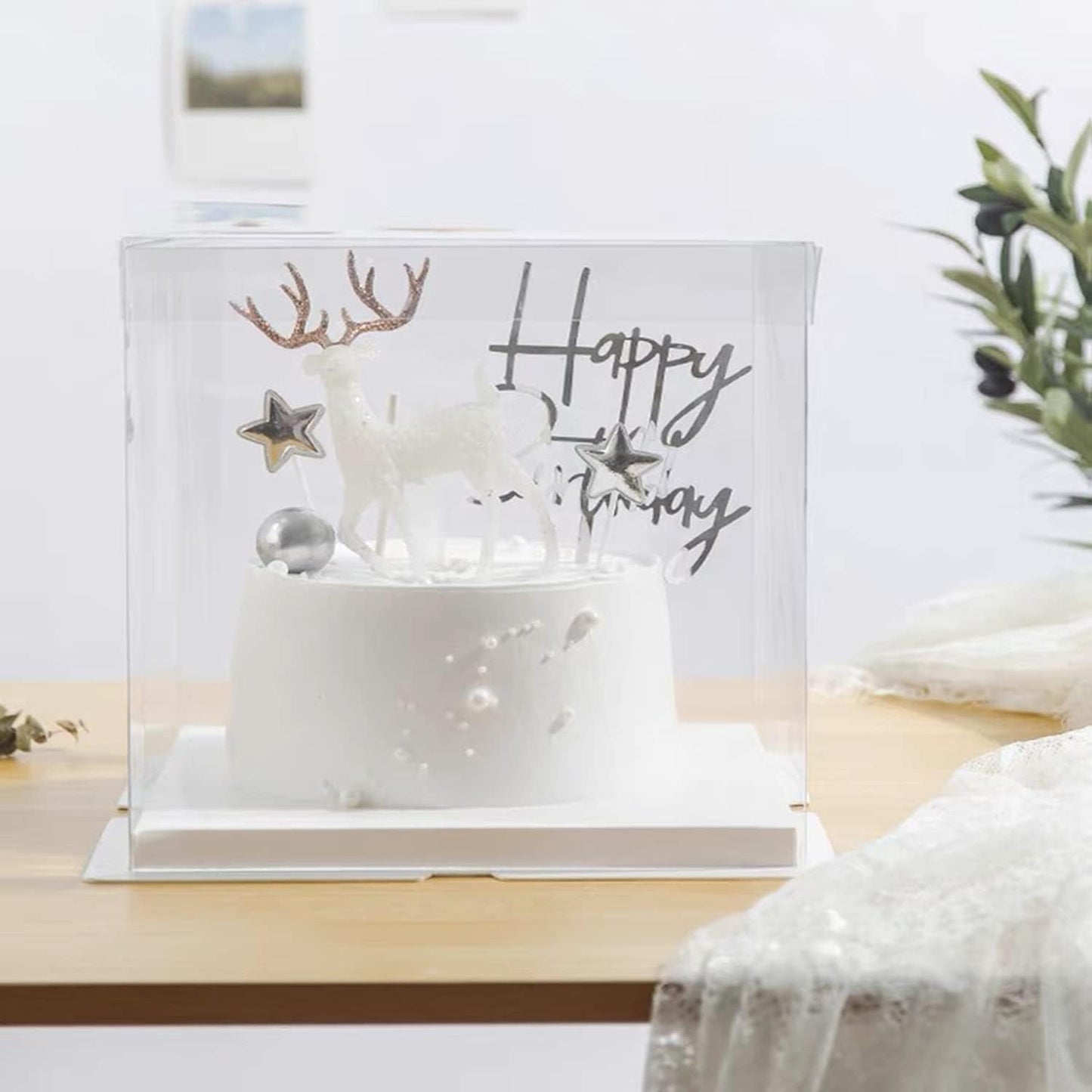 XININSUN 2Pcs Large Cake PET Clear Box, 10" X 10" X 9" with ribbon and pre-folded lid, for 8" cake packing carry, baking cookie display, Carry Tall Layer Gift, Festive Gift Box -White
