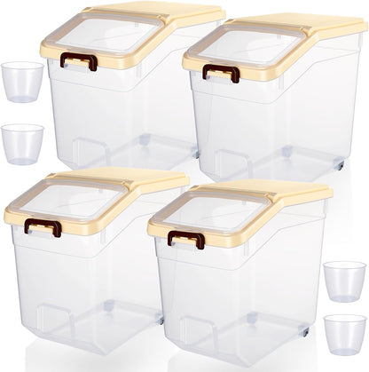 Sunnyray 4 Pcs Rice Storage Containers Bulk Flour Sugar Container Wheels Measuring Cups Set Airtight Pet Dog Cat Birds Food Bin Grain Cereal Organizer Box for Dry Baking (Beige,38 lb)