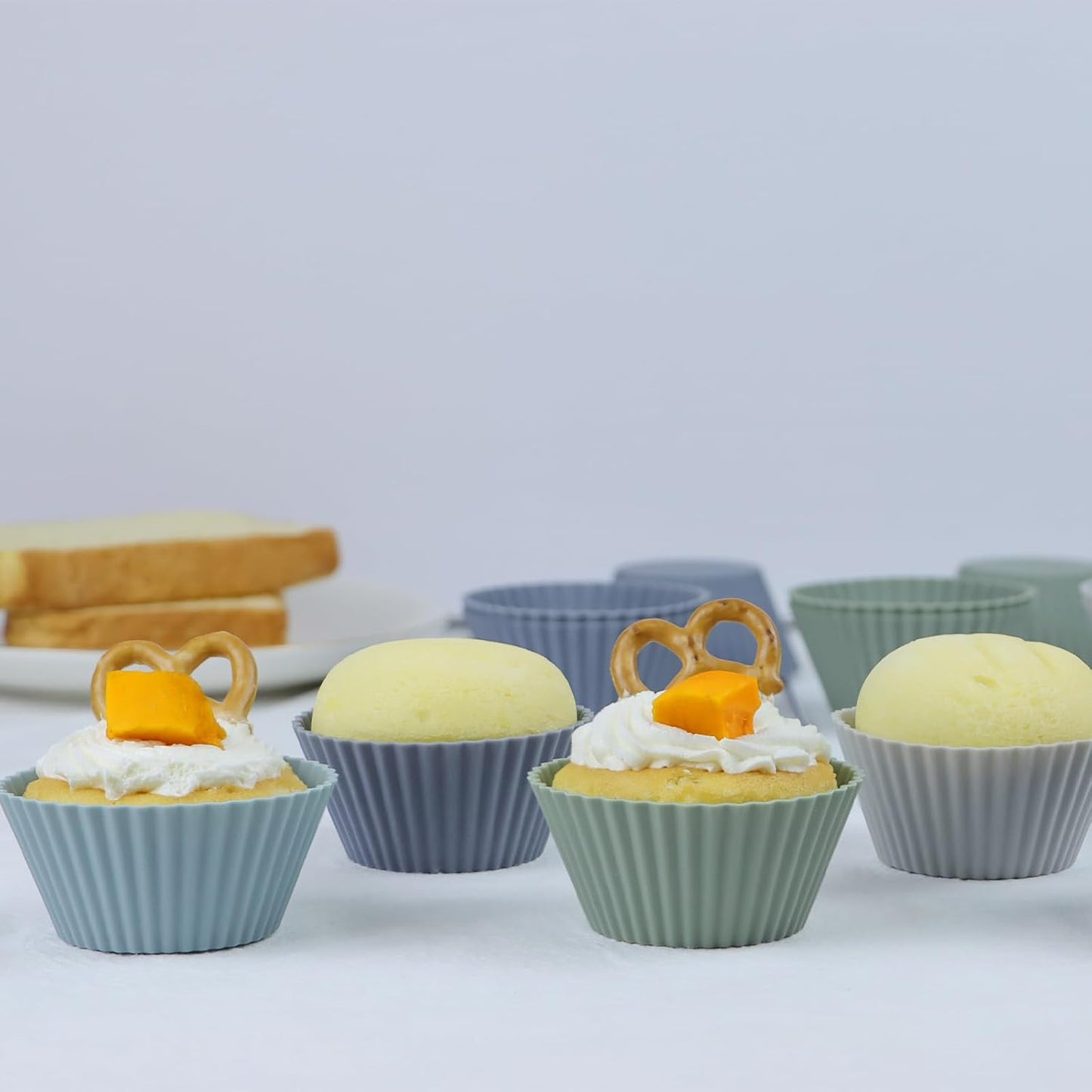 Silicone Baking Muffin Cups 12 Pack, Reusable Cupcake Liners Cake Molds, BPA Free, Dishwasher Safe(White, Green, Navy, Dusty Blue)