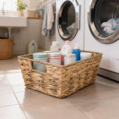 Water Hyacinth storage basket with Handle Shelf Organizing Storage Baskets Hand-woven Rattan Baskets Pantry Bin Organizers for Shelves, Living Room,Decor(Middle)