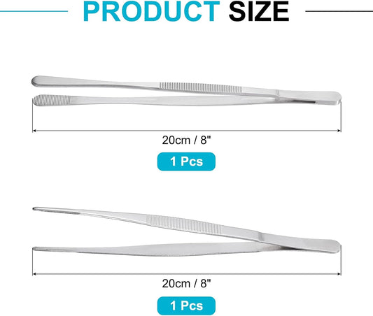 uxcell 2Pcs Kitchen Tweezers Stainless Steel, 8 Inch Food Tongs Fine Cooking Tweezers Set Extra-Long Tweezer Tongs for Cooking Grill Baking BBQ, Silver Straight Clip