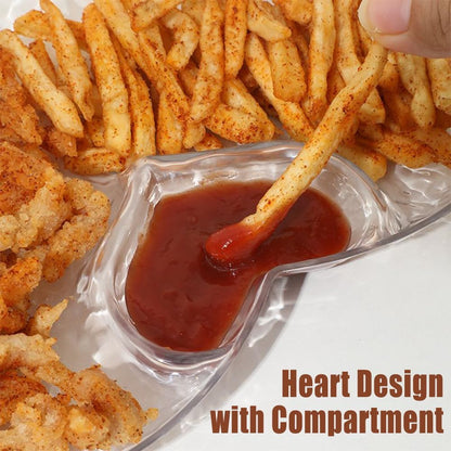 OULIGET Heart Chip Dip Serving Platter Set,Plastic Dumpling Plates with Sauce Compartment,Divided Snack Serving Dishes for Appetizer Sushi Taco Salsa Charcuterie,2 Pieces,White and Transparent