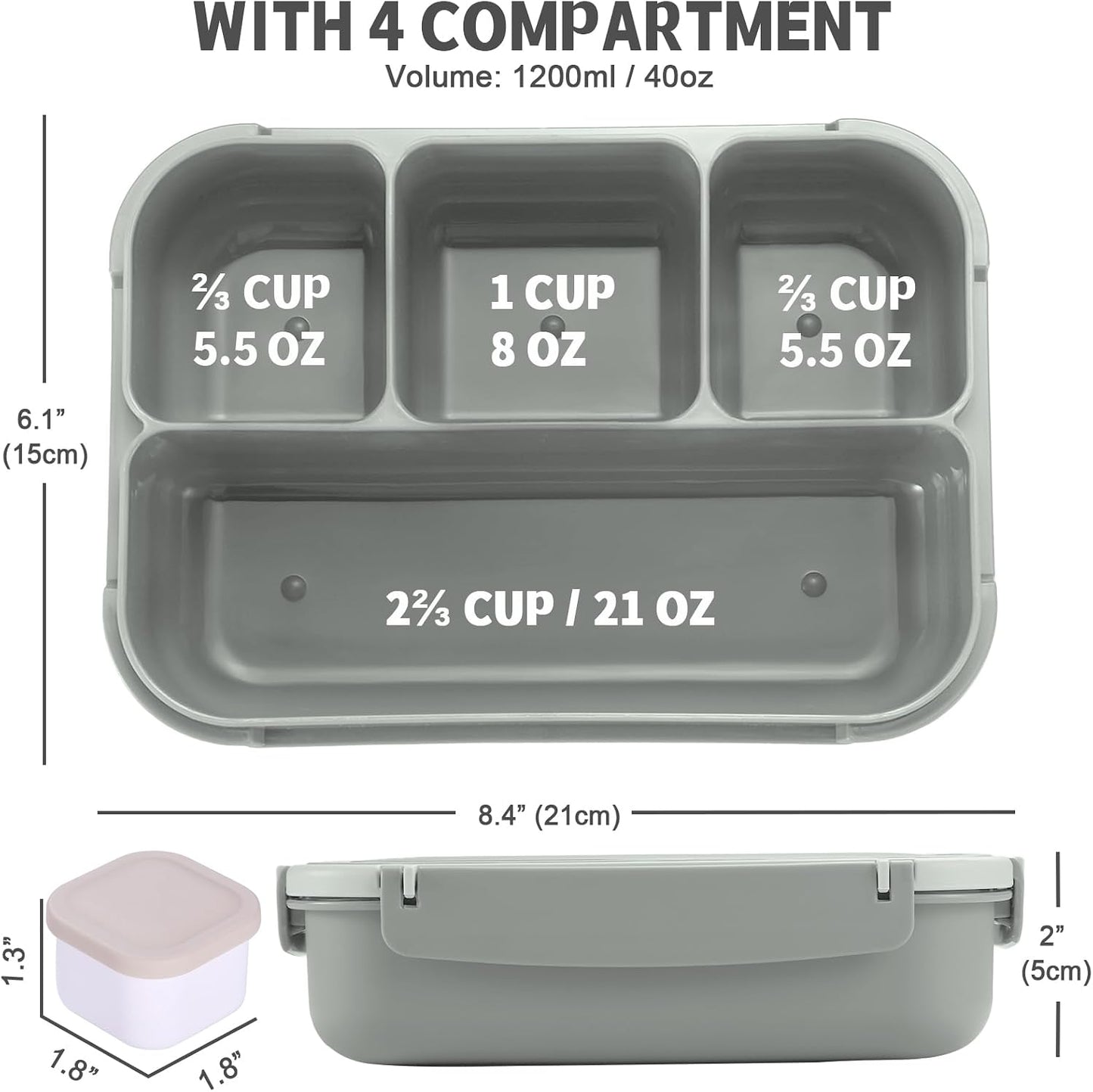 Bento Box Adult Lunch Box, Lunch Containers for Kids Girls Boys with 4 Compartments, Lunchable Food Container with Utensils, Sauce Jar, Muffin Liners, 40 Oz/5 Cup, Microwave Safe, Lavender