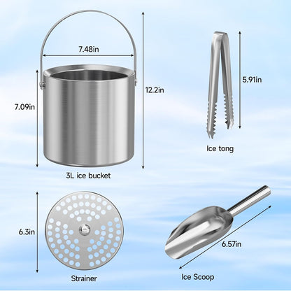 Ice Bucket, Ice Bucket with Lid Ice Tong Ice Scoop and Strainer for Cocktail Parties 3L Stainless Steel Insulated Ice Bucket Double Wall Keeps Ice Cold&Dry for Home Bar Beer Champagne