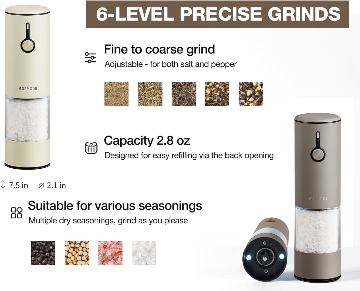 Stainless Steel Rechargeable Electric Salt and Pepper Grinder Set – USB Charging, One-Hand Electric Mill, Adjustable Coarseness, LED Light & Dust Cover –2pack(Greige & Buttercream)