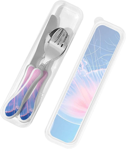3-Piece Kids Silverware Set With Storage Case, Stainless Steel Reusable Children Safe Knife Spoon Fork Set Dreamy Jellyfish Print Children Flatware Set For Kids Lunch Box