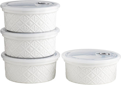 Airtight Food Storage Containers with Lids Mixing Bowls Set, Ceramic Serving Bowls with Lids Set of 4, 12/16/28/40 oz Stackable Nesting Salad Bowls for Cooking, Baking, Ramen - Beige