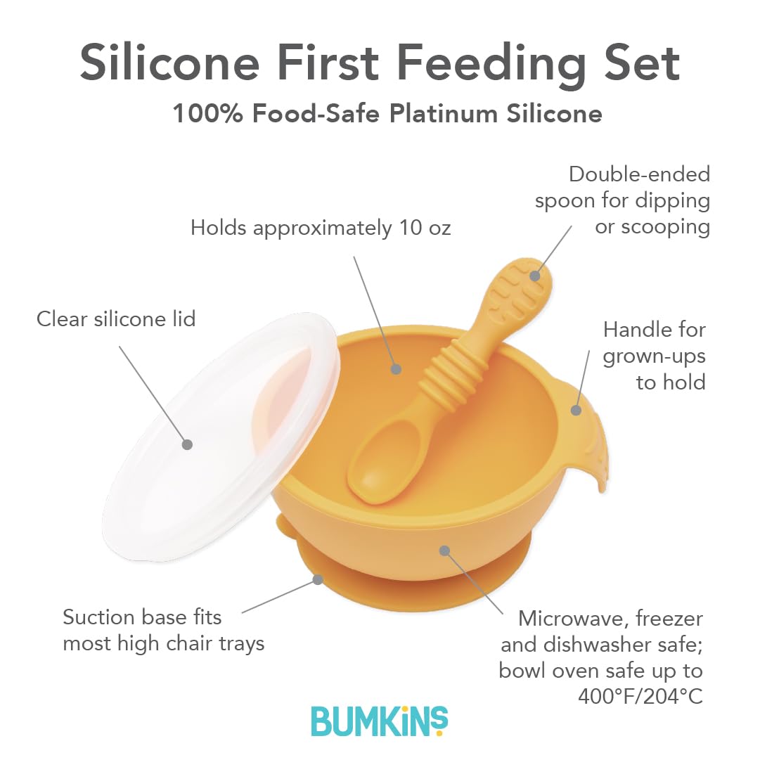 Bumkins Baby Bowl, Silicone Feeding Set with Suction for Baby and Toddler, Includes Spoon and Lid, First Feeding Set, Training Essentials for Baby Led Weaning for Babies 4 Months Up, Sage