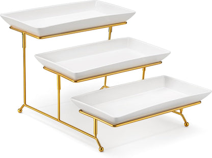 MALACASA 3 Tier Serving Trays for Party, Porcelain Serving Platters and Trays, 12 Inch Tiered Tray Stand, Fruit Tray, Trays for Serving Food, White Dessert Stand with Collapsible Sturdier Metal Rack