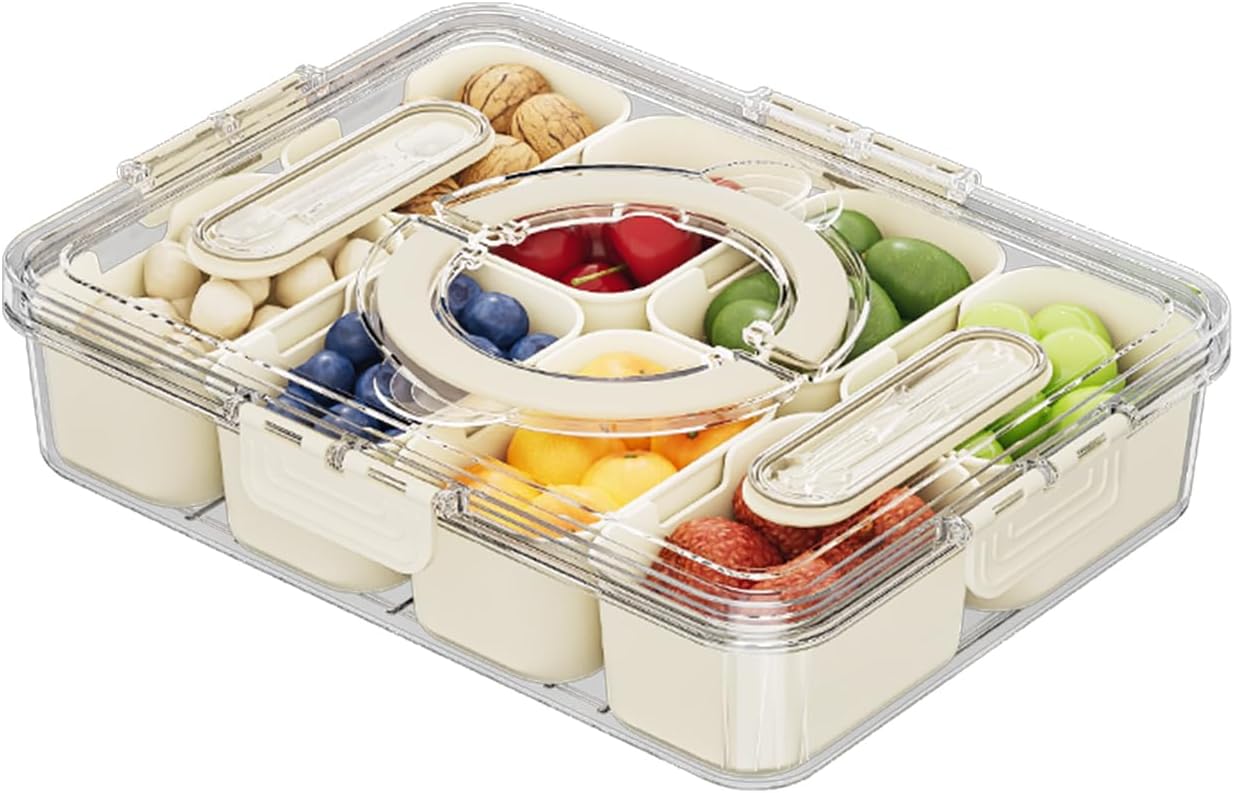 2 Pack Divided Serving Tray with lid and Handle, 8 & 4 Compartments Snackle Box with Utensils, Fridge Food Veggie Condiment Storage, Kitchen Clear Food Container for Picnic, Camping, School