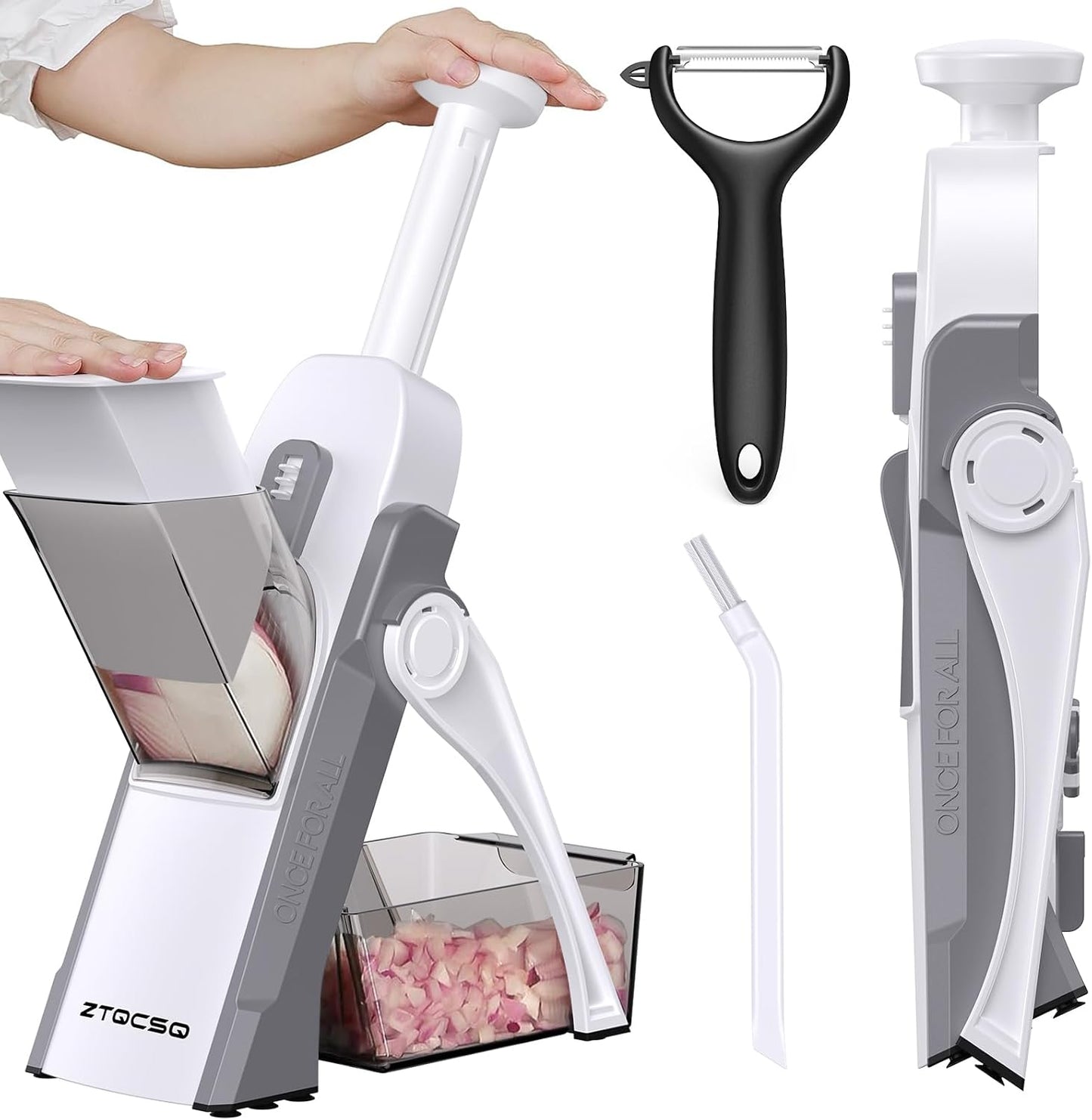 [7 in 1 ] Vegetable Slicer for Kitchen, Safe Mandoline Slicer, Adjustable Veggie Potato French Fry Cutter, Wider Tray & Stainless Steel Grater & Filter Basket & Lid & Cleaning Brush (Gray Pro)