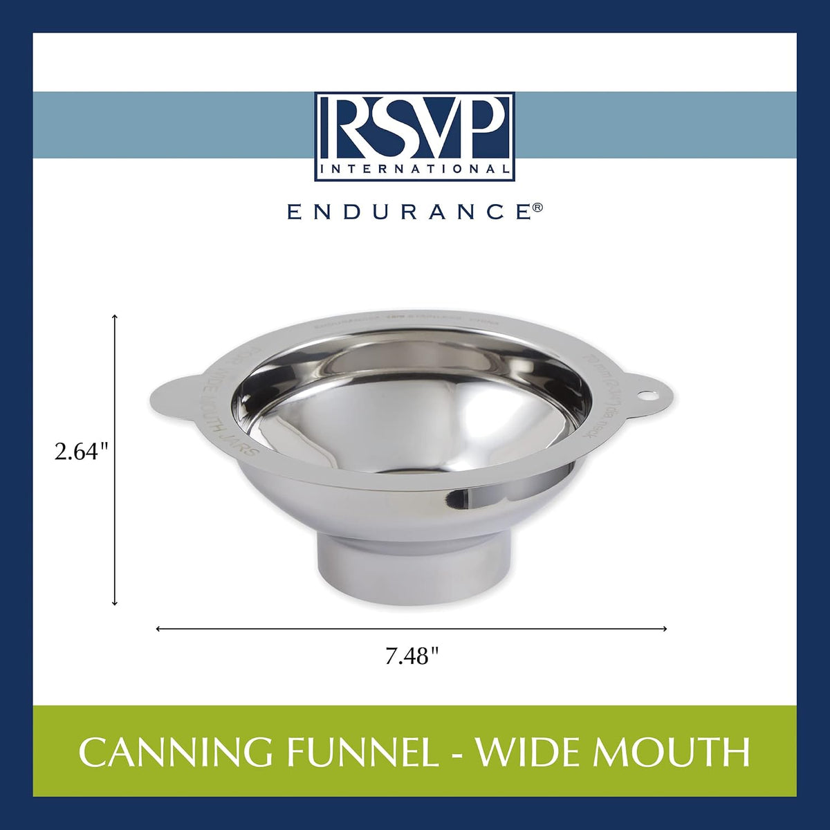RSVP International Endurance Canning Collection Non-Reactive 18/8 Stainless Steel, Dishwasher Safe, Funnel, Wide Mouth, 2-3/4"