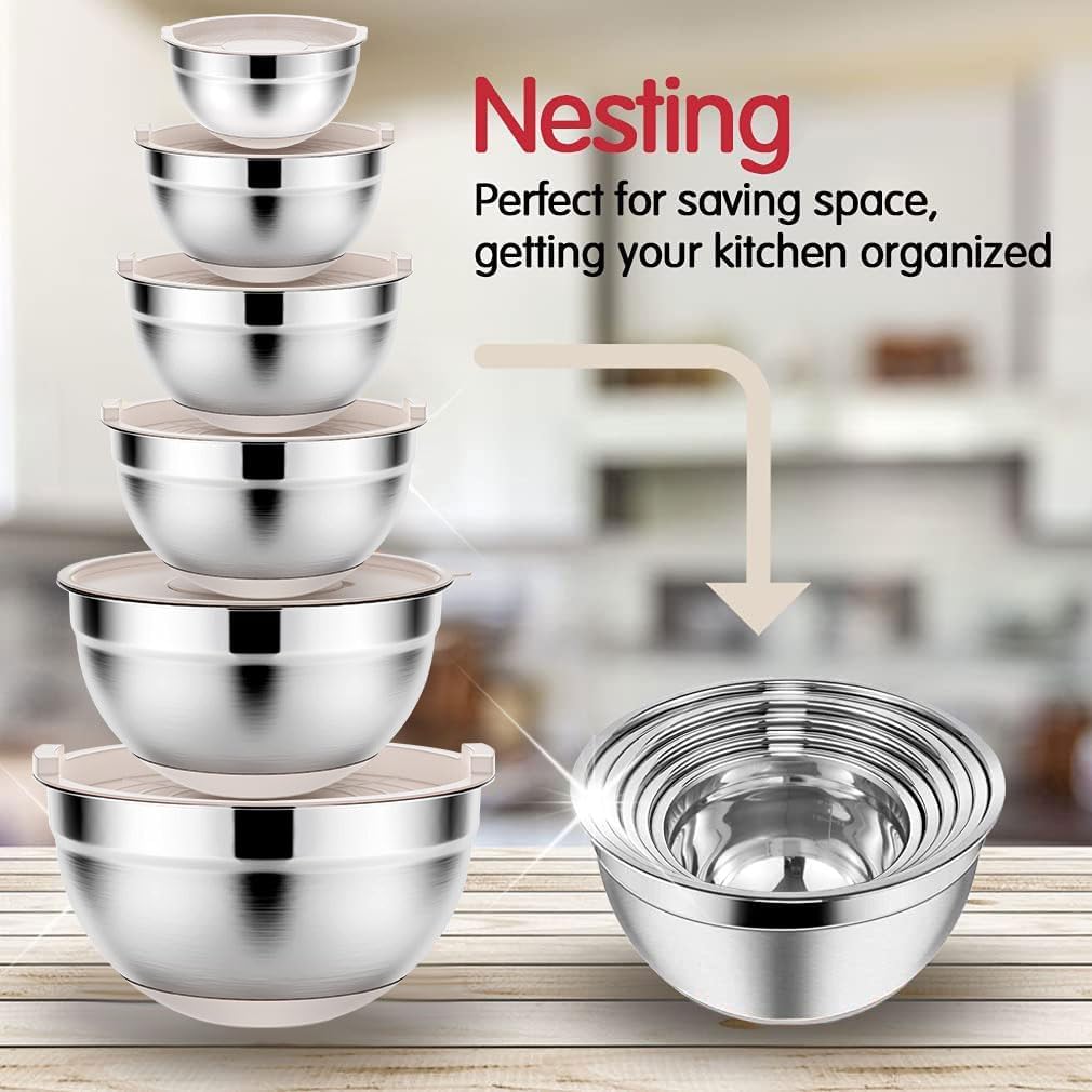 Rottay Mixing Bowls with Airtight Lids, 20PCS Stainless Steel Mixing Bowl Set, Nesting Bowls with 3 Grater Attachments & Non-Slip Bottoms, Size7, 4, 3, 2, 1.5, 1QT Bowls for Baking&Prepping