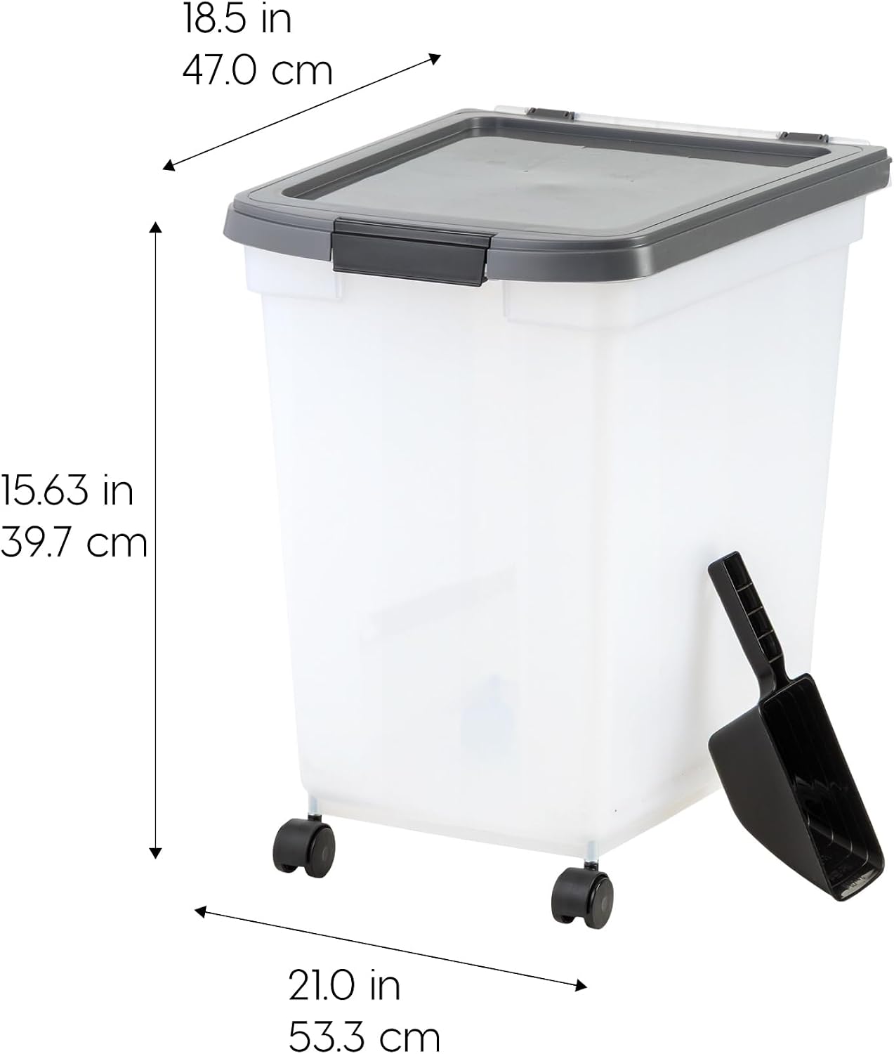 IRIS USA Airtight Dog Food Storage Container, WeatherPro, Up to 25 lbs, Removable Wheels, for Dog Cat Bird and Other Pet Food Storage Bin, Keep Fresh, Translucent Body, Made in USA, Clear/Black