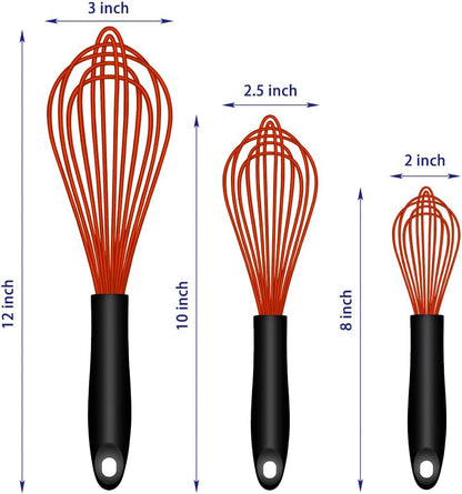 OYV Dishwasher Safe Silicone Whisk, Sealed Waterproof Design Set of 3, Professional Kitchen Whisks for Cooking Non-Scratch, Silicone & Stainless Steel Whisk, Heat Resistant Balloon Egg Beater, Black