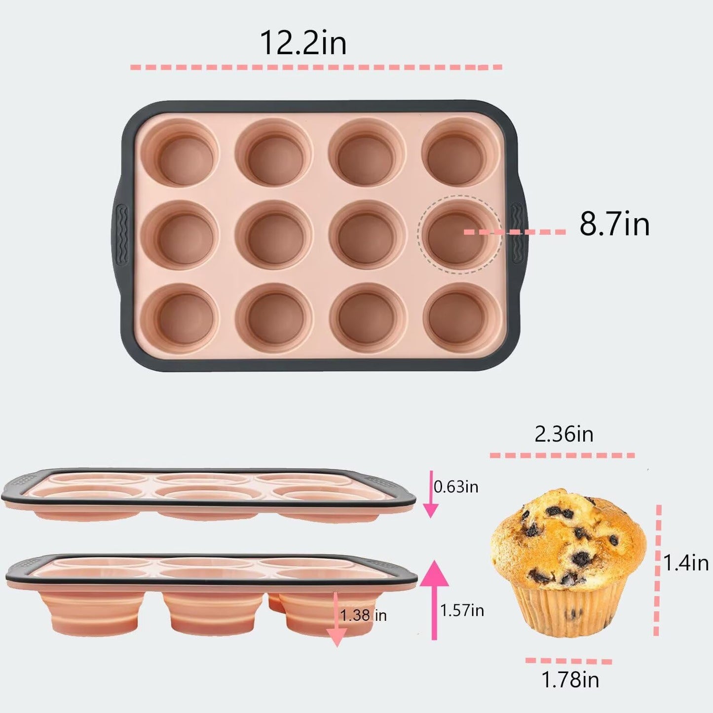 Silicone Muffin Pans for Baking with Metal Frame, 6 Cup Silicone Muffin Pan, Nonstick Cupcake Pan, BPA Free Muffin Tins Easy to Pop Cupcake Baking Pan Molds for Oven Dishwasher Safe Pink