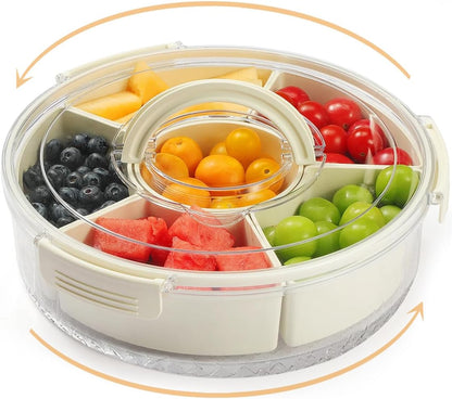SUNBABA Creative Turntable Storage Organizer Rotating Snack Tray Serving Tray with Lid and Handle Snackle Box Container Removable Nut Case Round Dried Fruit Case